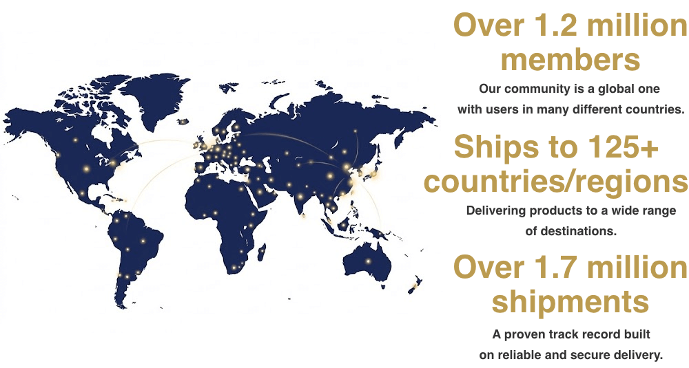 会員数120万人以上。出荷国地域125か国以上。出荷実績170万件以上。