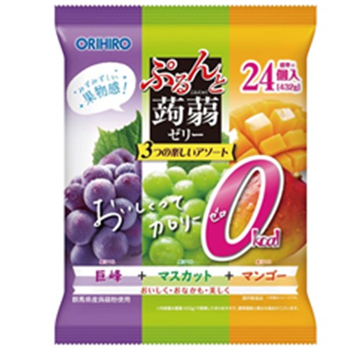 ORIHIRO ORIHIRO蒟蒻果凍 Purunto 蒟蒻果凍袋裝 零卡路里 巨峰+麝香葡萄+芒果 18g x 24個
