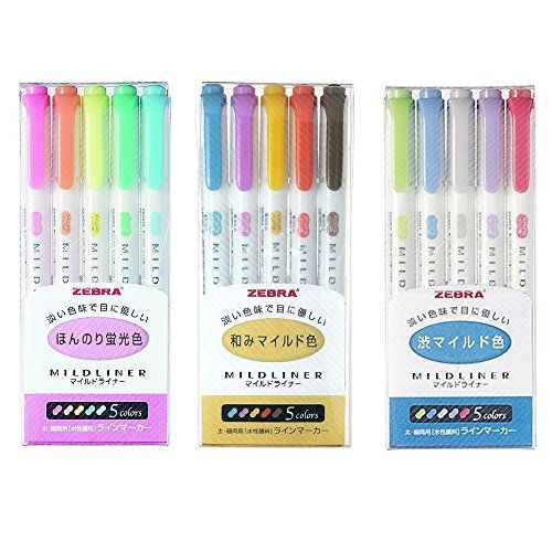 Zebra Mildliner Highlighters - Fluorescent, Cool, & Warm Colors (Set of 3 Packs)