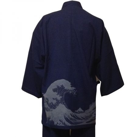 High-quality pongee woven samue, wave, navy, M