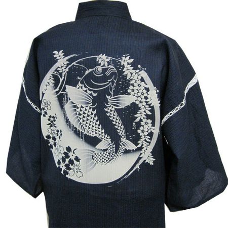 Shijira-woven Jinbei with Carp and Weeping Cherry Blossoms (Black) M
