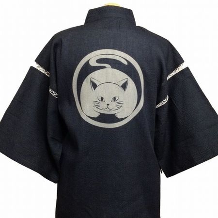 Shijira weave discharge dyed jinbei (front facing cat, grey) LL
