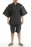 Shijira weave discharge dyed jinbei (front facing cat, grey) LL