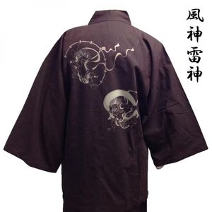 柔らかい平織りソフト作務衣 風神雷神背中(茶) L