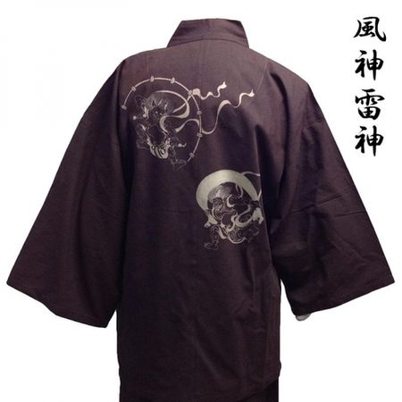 Soft plain weave work clothes with the wind god and thunder god on the back (brown) L