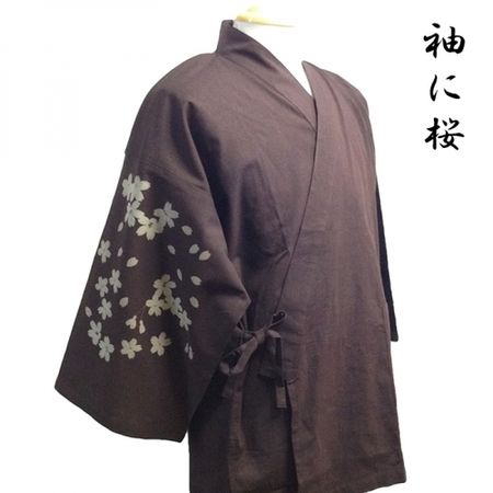 Soft plain weave work clothes with cherry blossoms on sleeves (brown) LL