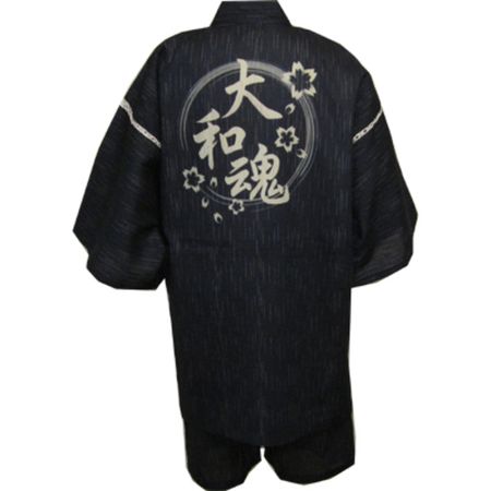 Shijira-woven Jinbei with Japanese Spirit and Cherry Blossoms (Black) LL