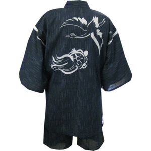 しじら織り甚平 鶴亀つるかめ 黒 M