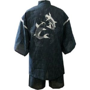 しじら織り甚平 鯉の滝上り(黒)M