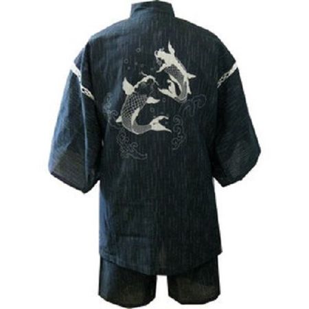 Shijira-woven Jinbei Carp Climbing a Waterfall (Black) M