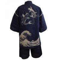 Shijira Weave Discharge-Dyed Jinbei, Pair of Koi in Waves, Navy, LL