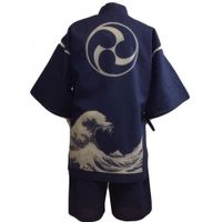 Shijira-ori Discharge-Dyed Jinbei - Waves with Mitsu Tomoe (Navy) LL