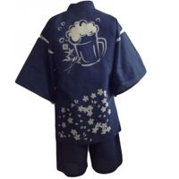 Shijira Weave Discharge-Dyed Jinbei, Cherry Blossoms and Beer (Navy), Size LL