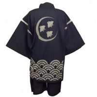 Shijira-ori Discharge-Printed Jinbei, Crescent Moon, Plovers, and Seigaiha Waves, Gray, LL