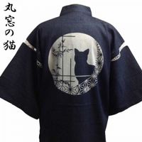 Shijira Weave Cotton Discharge-Dyed Jinbei, "Cat in a Round Window" Pattern, Navy, LL (XL)