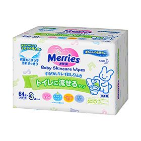 Merry's Sururin Kirei Wet Wipes, Flushable Type, [Refill], 64 Wipes x 3 Packs