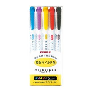 Zebra Mildliner Highlighters, Soothing Mild Colors, 5-Color Set (WKT7-5C-RC)