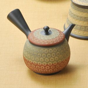 日本产常滑烧茶壶【杰作】照之黑土印笼双色印花茶壶