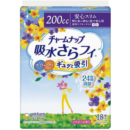 嬌聯CHARMNAP Absorbent Sarafi Safe Slim，1 片裝，即使流量大也能安心，粉末香味，18 片裝