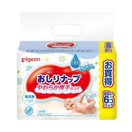 Pigeon 湿巾，柔软厚实，99% 纯水，80 片 x 6 包
