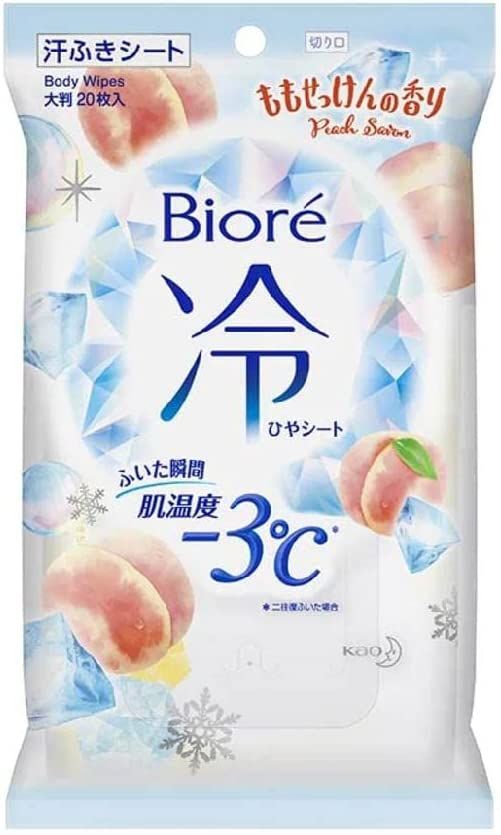 Kao Biore Cooling Body Wipes, Peach Soap Scent, 20 Sheets