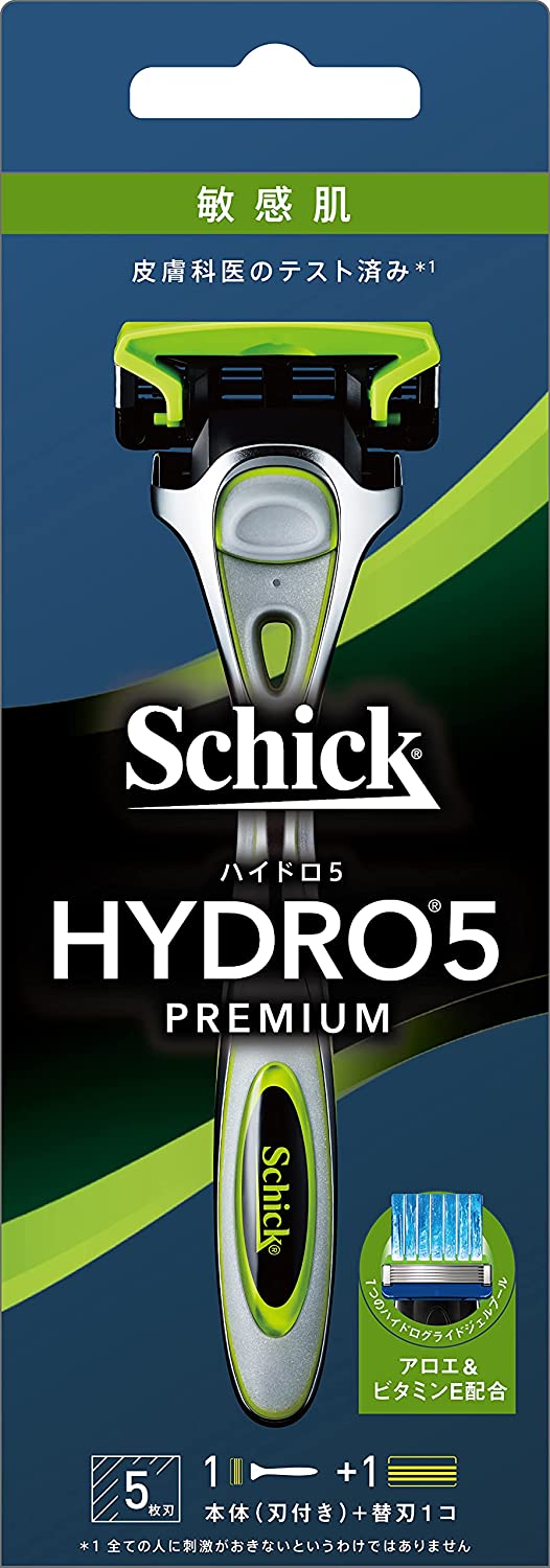 Schick 舒適牌 Schick Hydro Schick（Chic）Hydro 5高級敏感皮膚固定器（帶有刀片+1個替換刀片），帶有Skingard 5葉片綠色