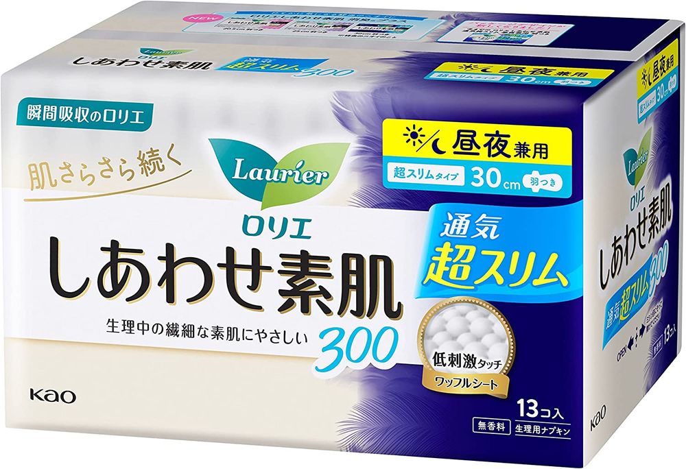 Kao Laurier Happy Skin Breathable Ultra Slim Pads, Day & Night Use, With Wings, 30 cm, 13 count