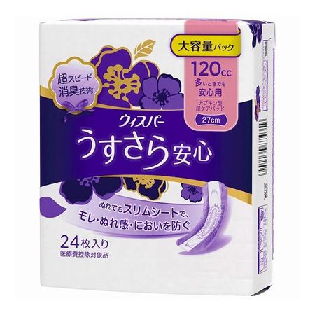 P&G Japan Whisper Ususara Anshin, for peace of mind even when you have a lot of urine, 120cc, Sanitary napkin-type urinary care pad, 27cm, 24 pieces