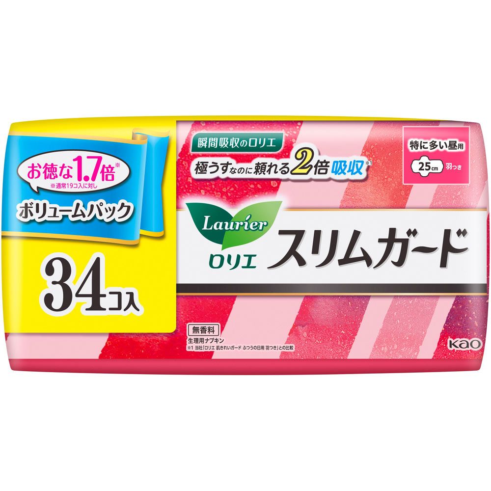 Kao Laurier Slim Guard Volume Pack, for heavy flow during the day, 34 pieces