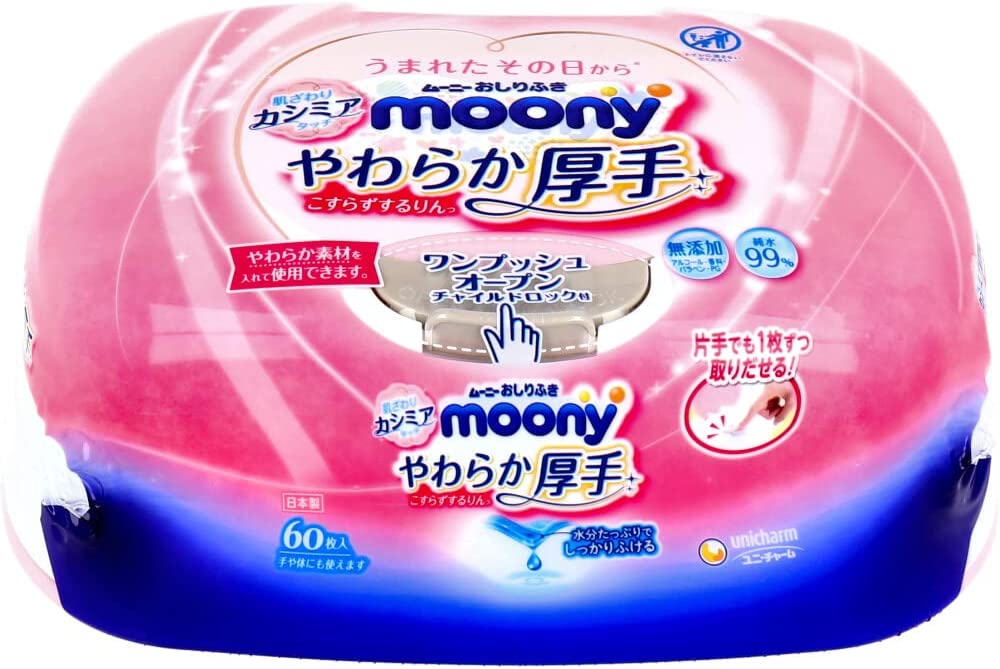 unicharm Moony Uni Charm Mooney Wow擦拭柔軟的厚純淨水99％主體60件