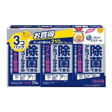Elleair 消毒酒精纸巾（用于去除病毒）瓶装 70 片（x3 包补充装）