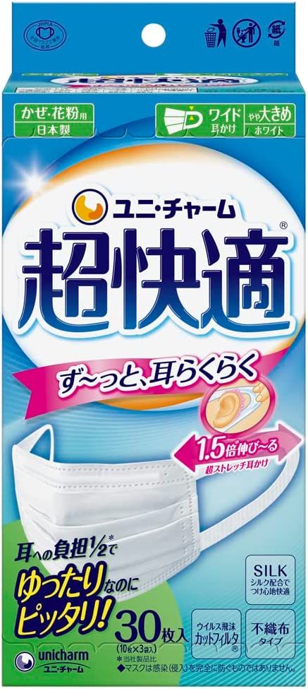 ユニ・チャーム 超快適マスクプリーツタイプ やや大きめ 30枚入
