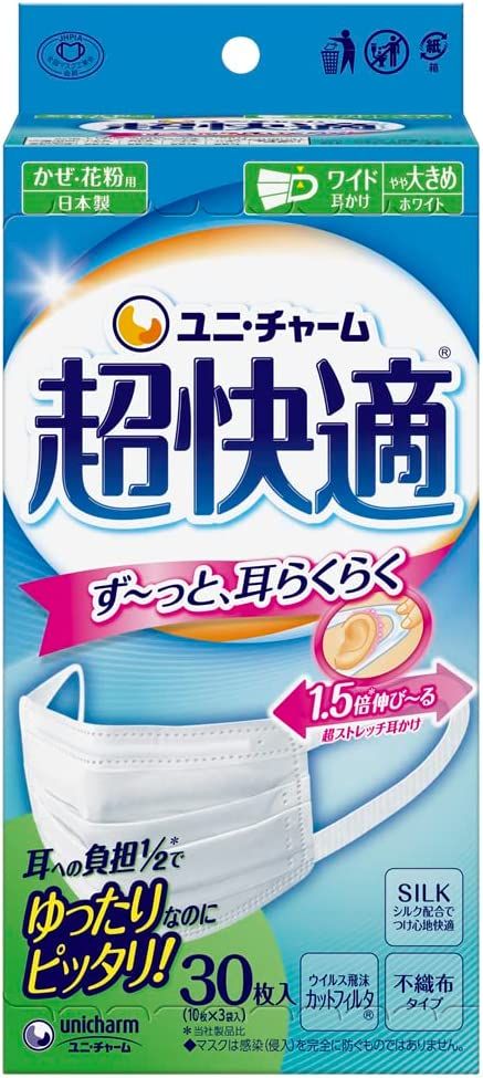 Unicharm Super Comfortable Mask Pleated Type Slightly Large 30 Pieces