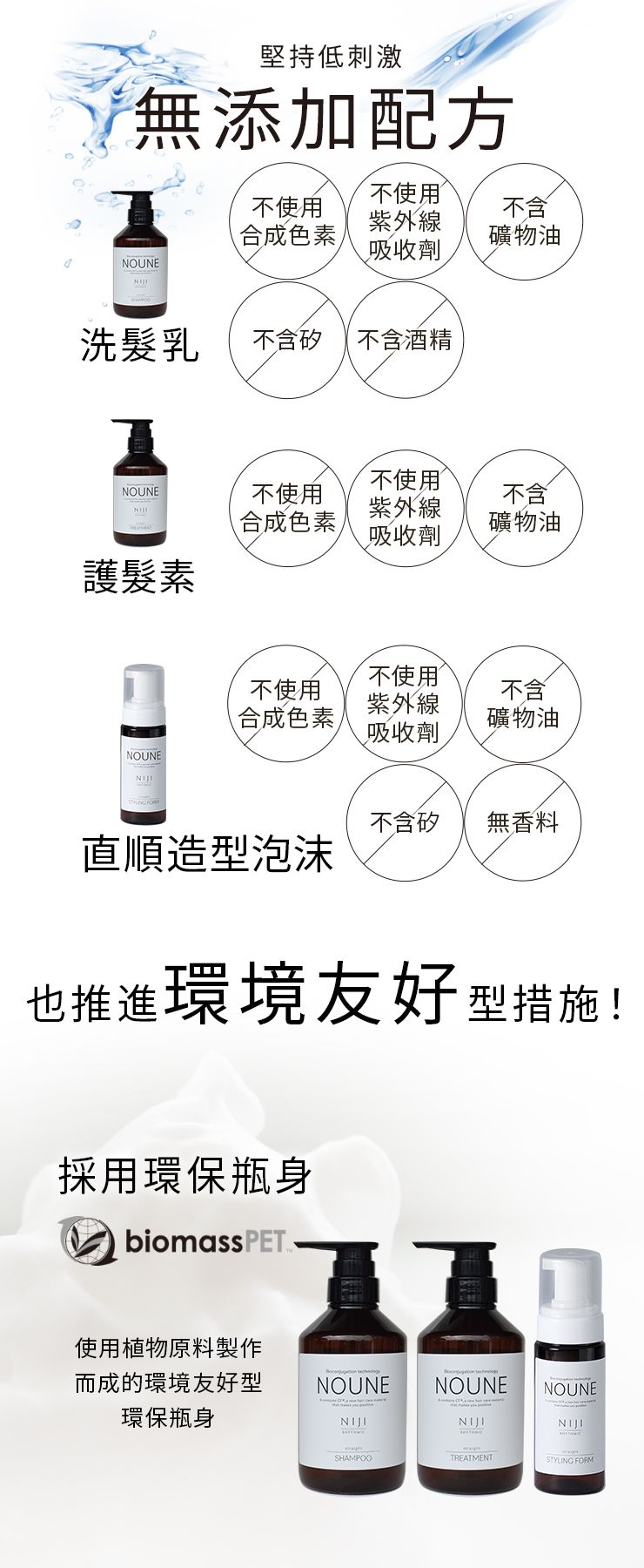 【完整套裝】NIJI NOUNE 直順洗髮精 400ml & 護髮素 400ml & 定型泡沫 150ml