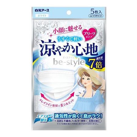Be-style Pleated Mask, Cool and Comfortable, Pack of 5 (White)