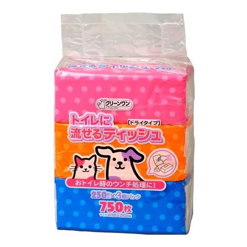 클린원 물에 잘 녹는 티슈 250매입 (3개입 팩)