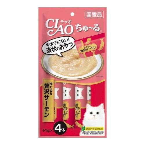 いなば ＣＩＡＯちゅ～る（チャオちゅーる） 猫用 まぐろ＆贅沢サーモン 14g (×４本)