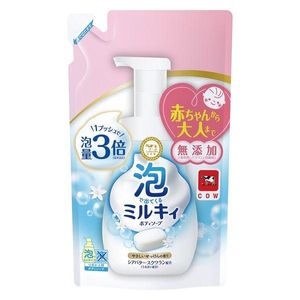 Milky body soap that comes out as foam, gentle soap scent, refill