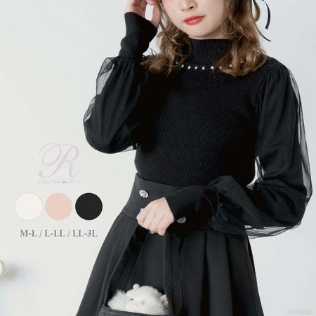 DearMyLove｜袖紗網圓形珠飾高領針織上衣 商品編號：533924