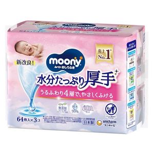 Moony嬰兒濕紙巾，特潤加厚，補充裝（64片 x 3包）
