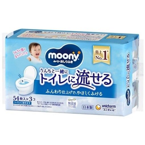 Moony Baby Wipes, Flushable Type, Refill Pack (54 wipes x 3)
