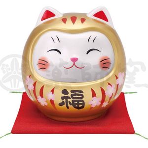 7676 Colorful Lucky Cat Daruma Doll with Cherry Blossom and Gold Fortune