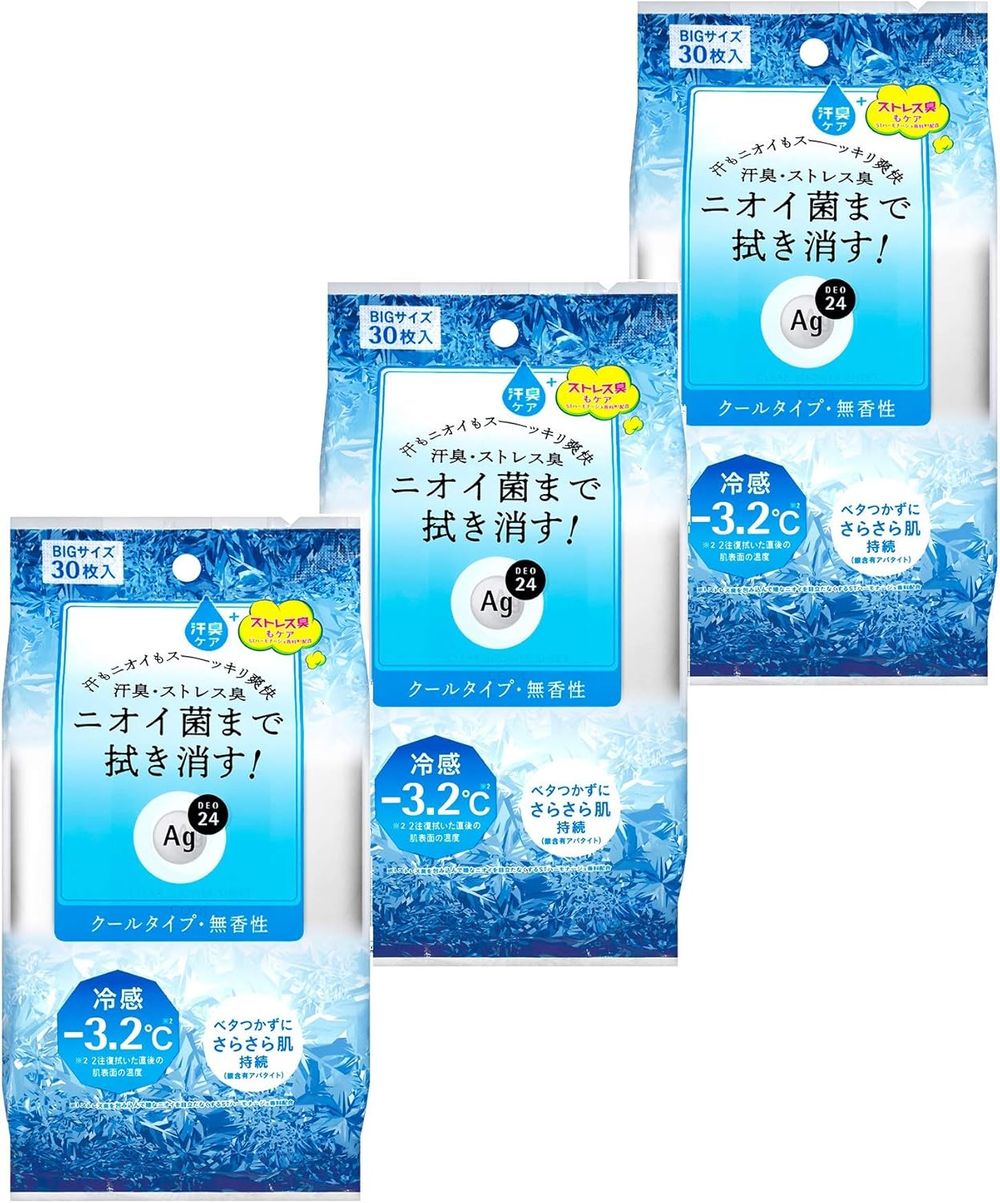 Ag DEO 24 クリアシャワー シート クール 30枚×3個セット 冷感 デオドラント ボディシート