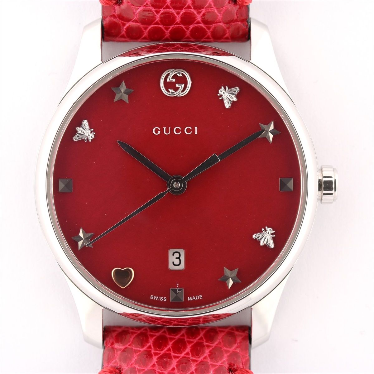 Pre Owned グッチ Gタイムレス 126 5 Ss 革 Qz 赤文字盤 Dokodemo