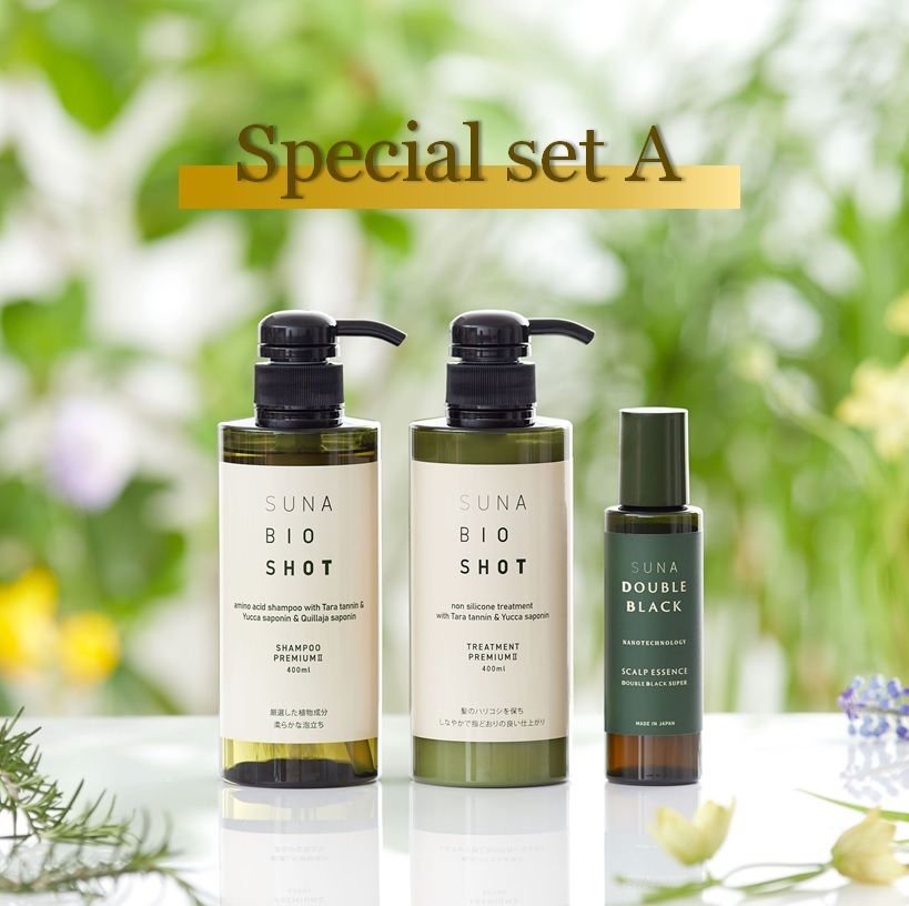 [Special Set A] SUNA BIOSHOT Scalp Essence Double Black (100ml) + Shampoo Premium II (400ml) + Treatment Premium II (400ml)