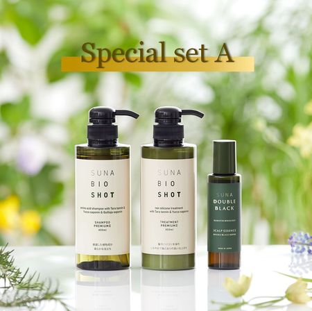 【Special set A】SUNA BIOSHOTスカルプエッセンス ダブルブラック 100ml+SUNA BIOSHOT シャンプープレミアムⅡ  400ml +SUNA BIOSHOT トリートメントプレミアムⅡ 400ml