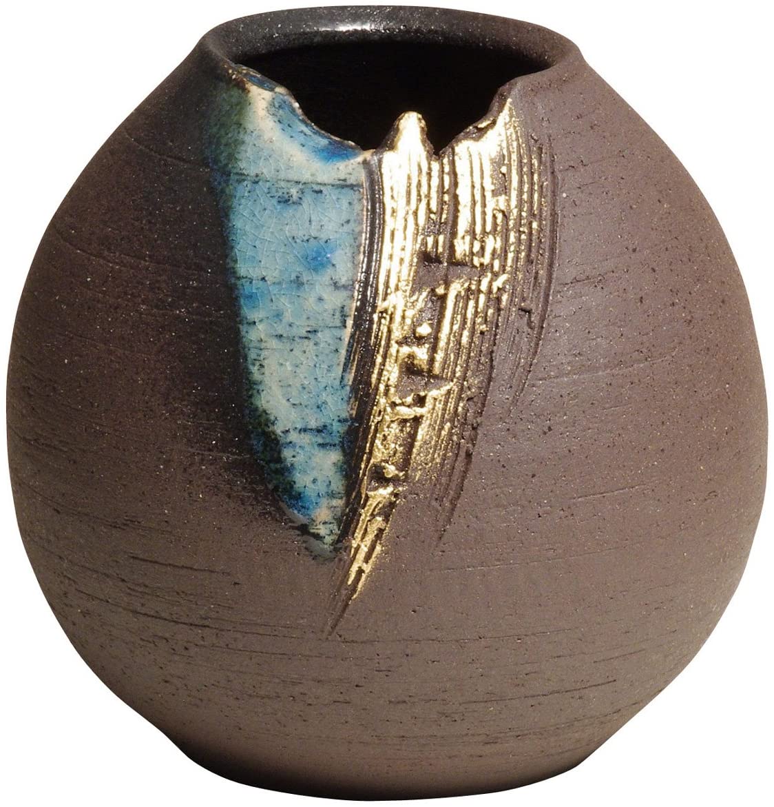 Marui Ceramics 丸伊製陶 信樂燒 へちもん 花瓶 花器 大型 圓形 青釉金彩 陶器 MR-1-2534
