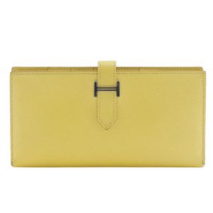 Pre-owned Hermès Beansufla long wallet, made in France with Epsom leather, 2014, yellow, with R-shaped strap. Women's.