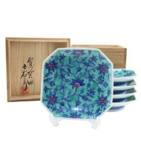 Imaizumi Imaemon 餐具，方形盤子，帶有錦緞綠色背景和中國花卉圖案，陶瓷，男女通用[二手]
