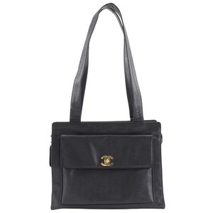 Pre-owned CHANEL COCO Mark tote bag, vintage caviar leather, made in Italy, black, shoulder/handbag, A5 size, zippered, COCO Mark, women's.
